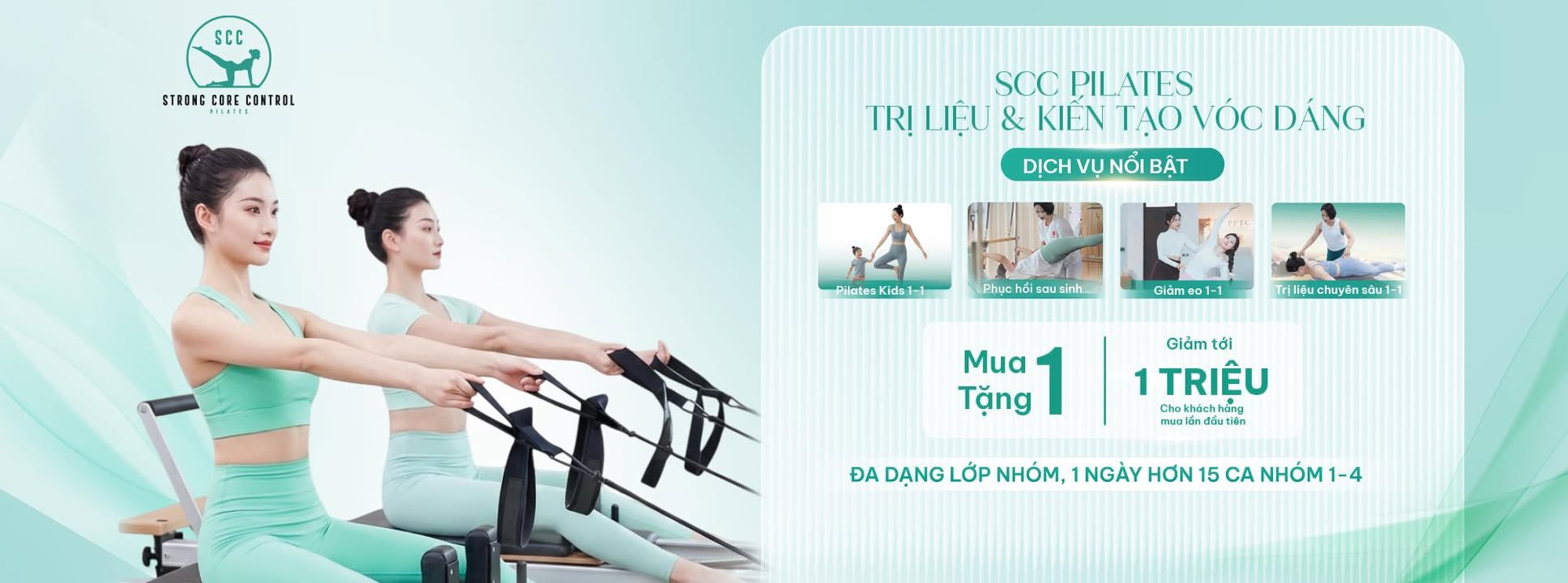 SCC Pilates — Trị liệu & Kiến tạo vóc dáng · Ưu đãi Mua 1 Tặng 1, giảm tới 1 triệu